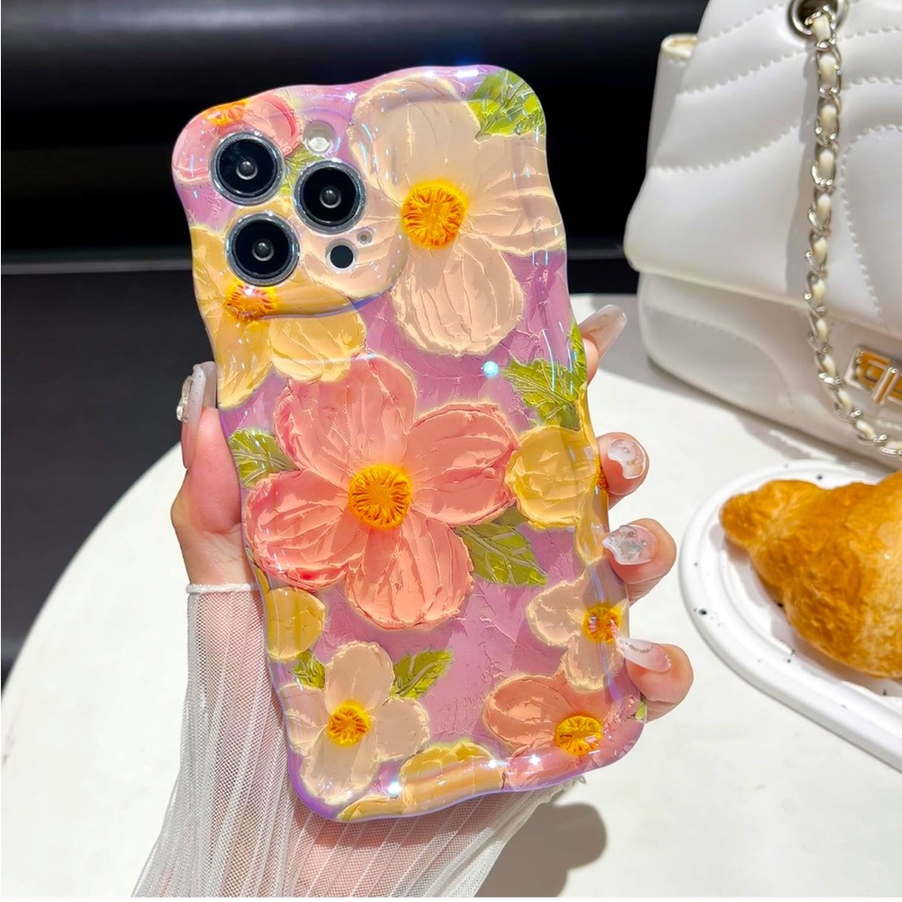 Kawaii Case for iPhone 13 Pro 6.1 inch(Oil Painting Flower/Glossy/Wave Border)